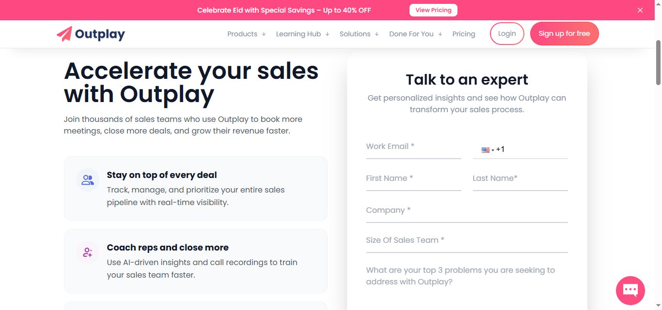 Outplay sales acceleration platform homepage