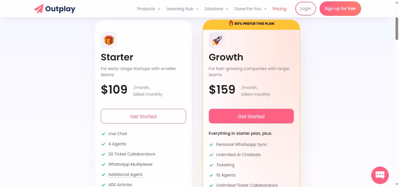 Outplay pricing page with two plans: Starter and Growth.