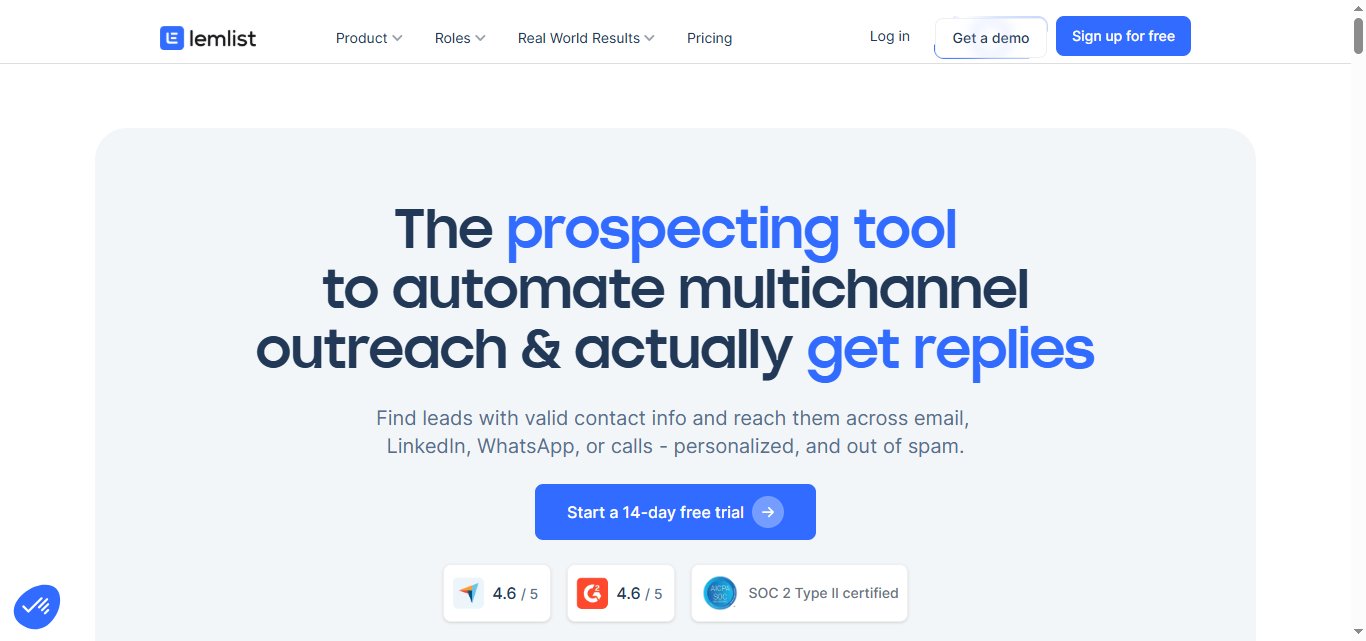 Lemlist homepage with headline 'The prospecting tool to automate multichannel outreach & actually get replies'