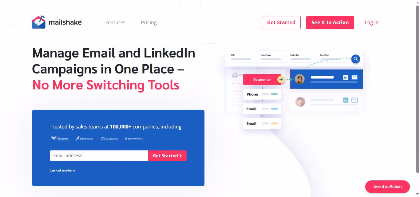 Mailshake homepage with headline 'Manage Email and LinkedIn Campaigns in One Place – No More Switching Tools'