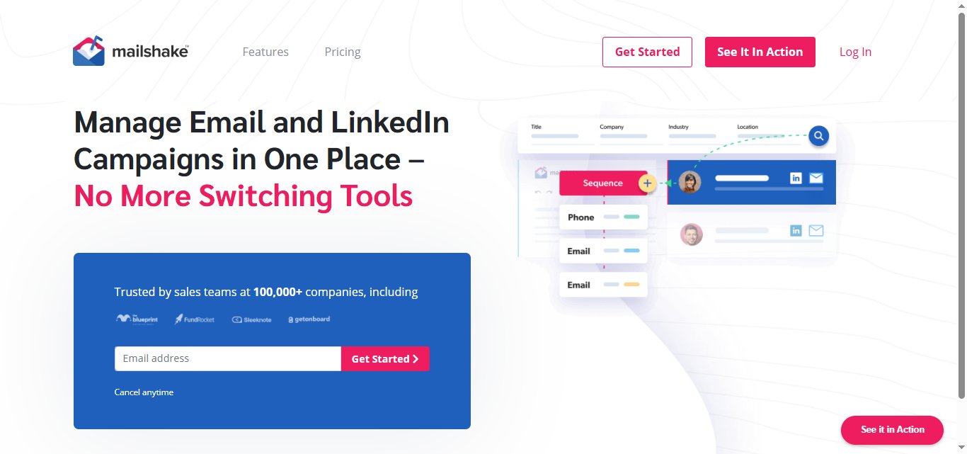  Mailshake homepage with headline 'Manage Email and LinkedIn Campaigns in One Place – No More Switching Tools' 