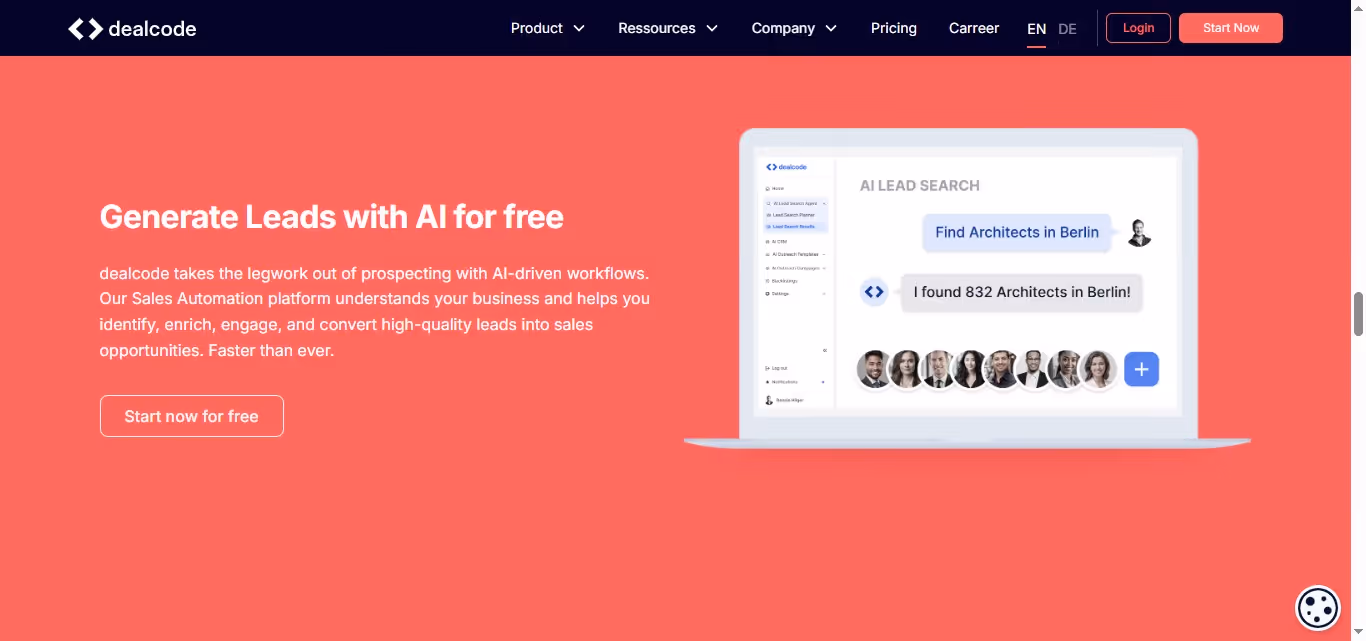 Dealcode website homepage with AI Lead Search.