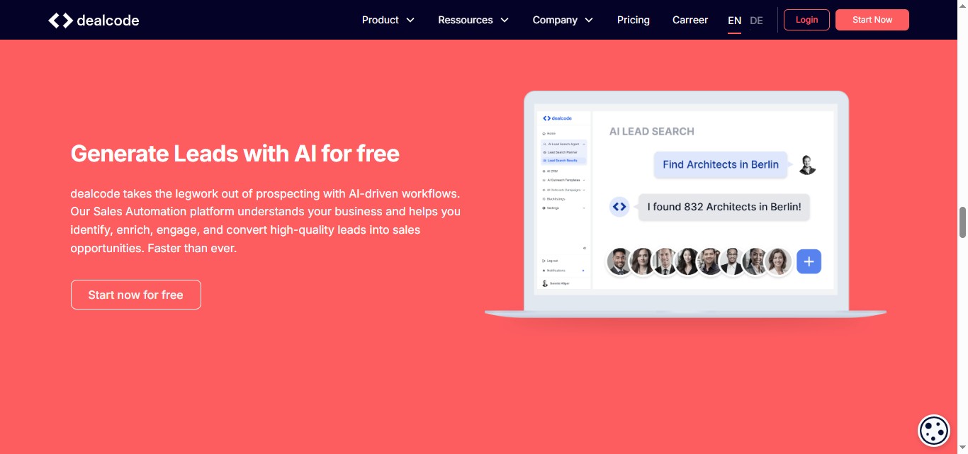 Dealcode website homepage with AI Lead Search.