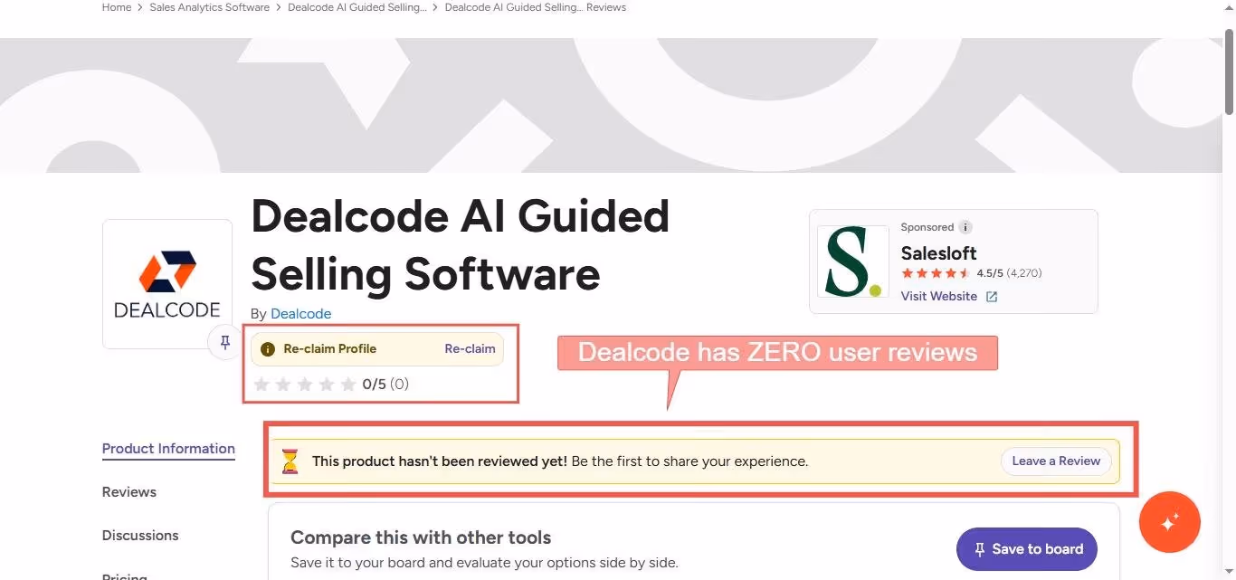 Dealcode AI Guided Selling Software page with zero user reviews.