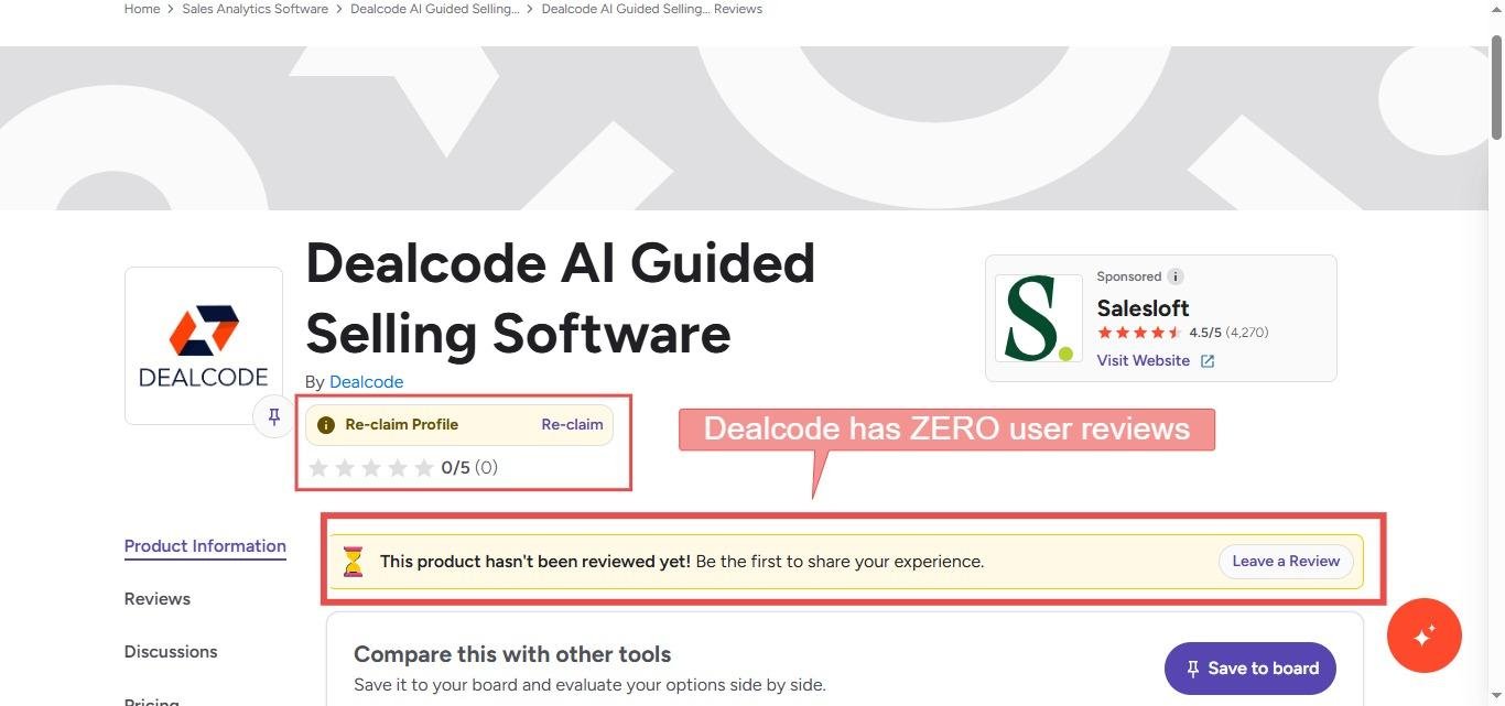 Dealcode AI Guided Selling Software page with zero user reviews.