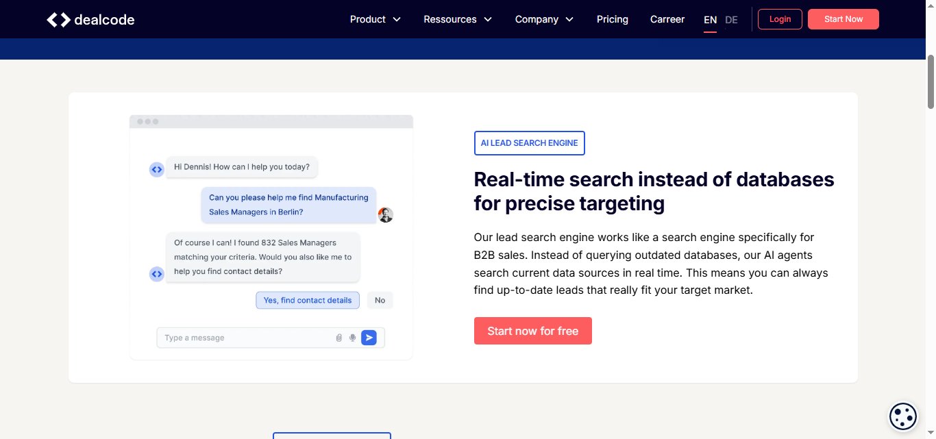 AI Lead Search Engine interface with a chat conversation.