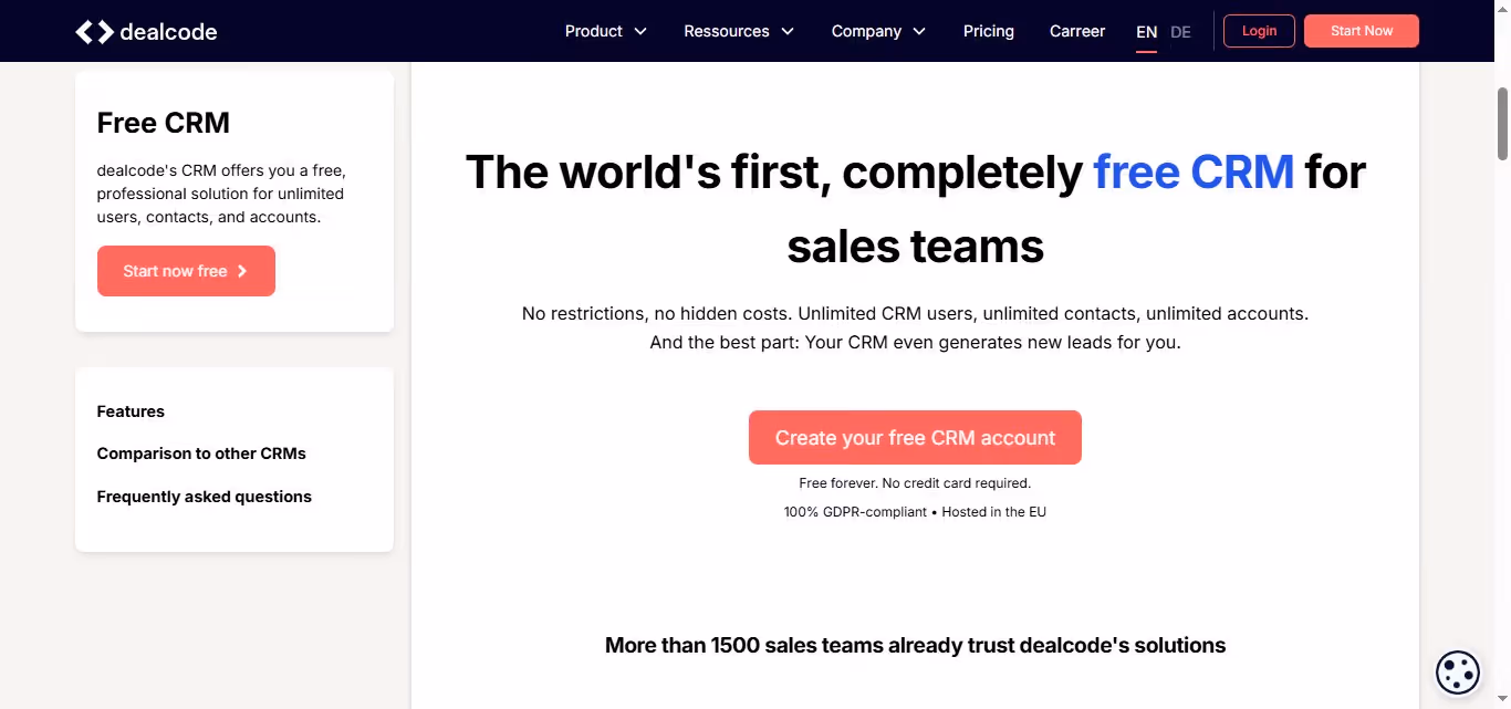 Dealcode website homepage with Free CRM.