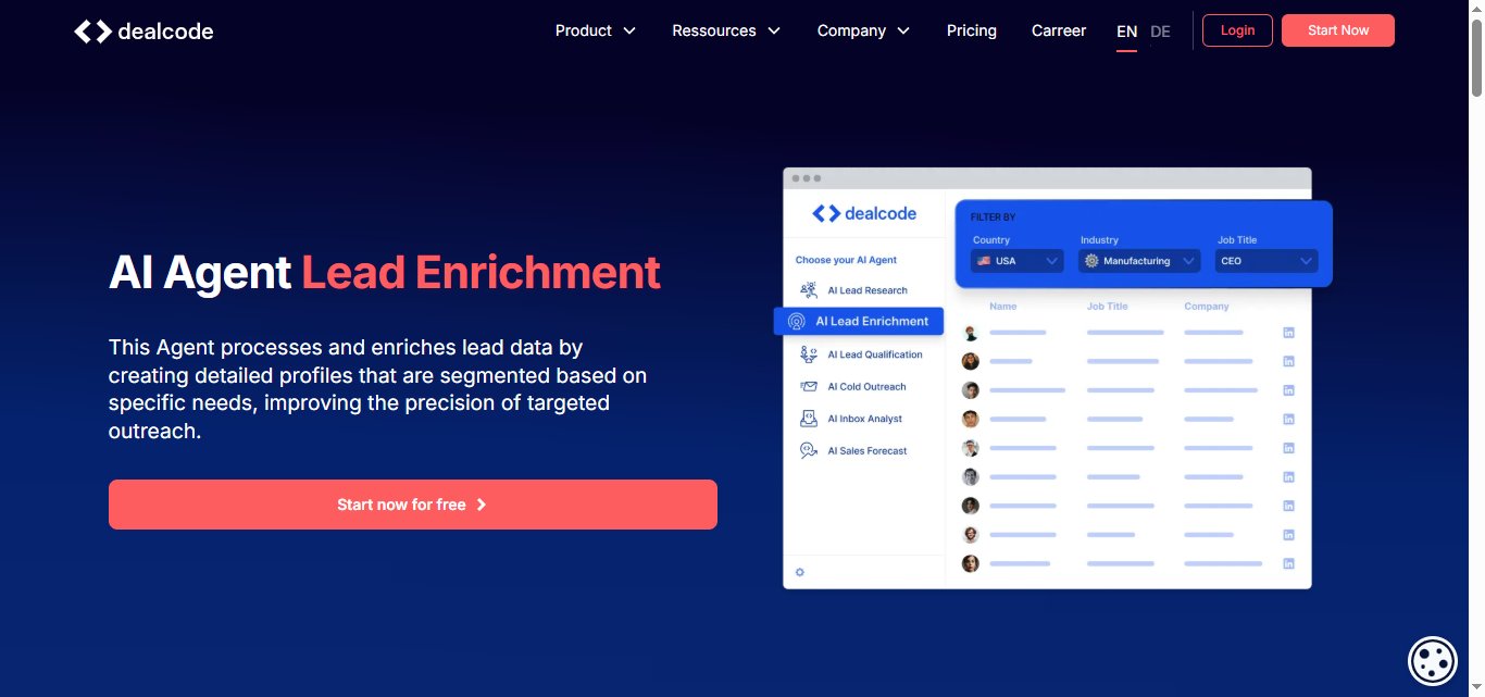 Dealcode AI Agent Lead Enrichment interface.