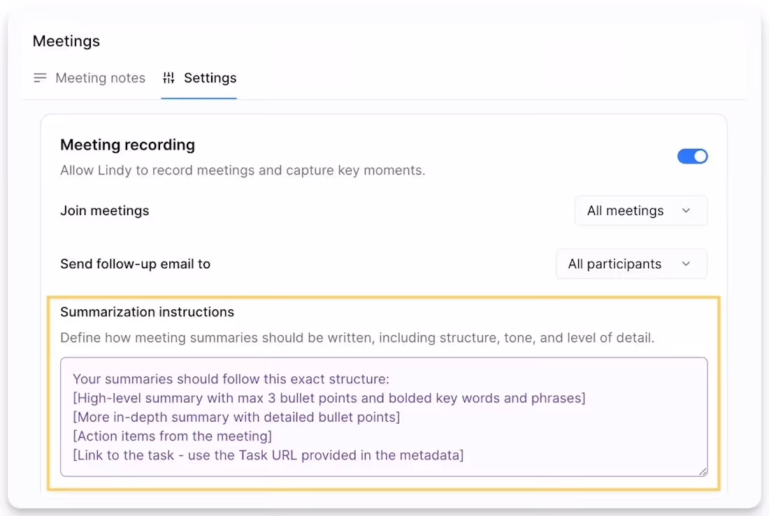 Settings page for Lindy AI meeting summarization