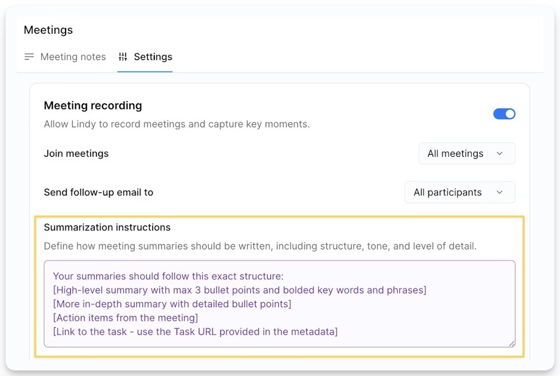Settings page for Lindy AI meeting summarization