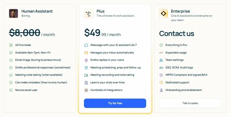 Pricing plans for Human Assistant, Plus, and Enterprise