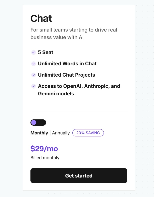 Copy.ai pricing page for Chat plan