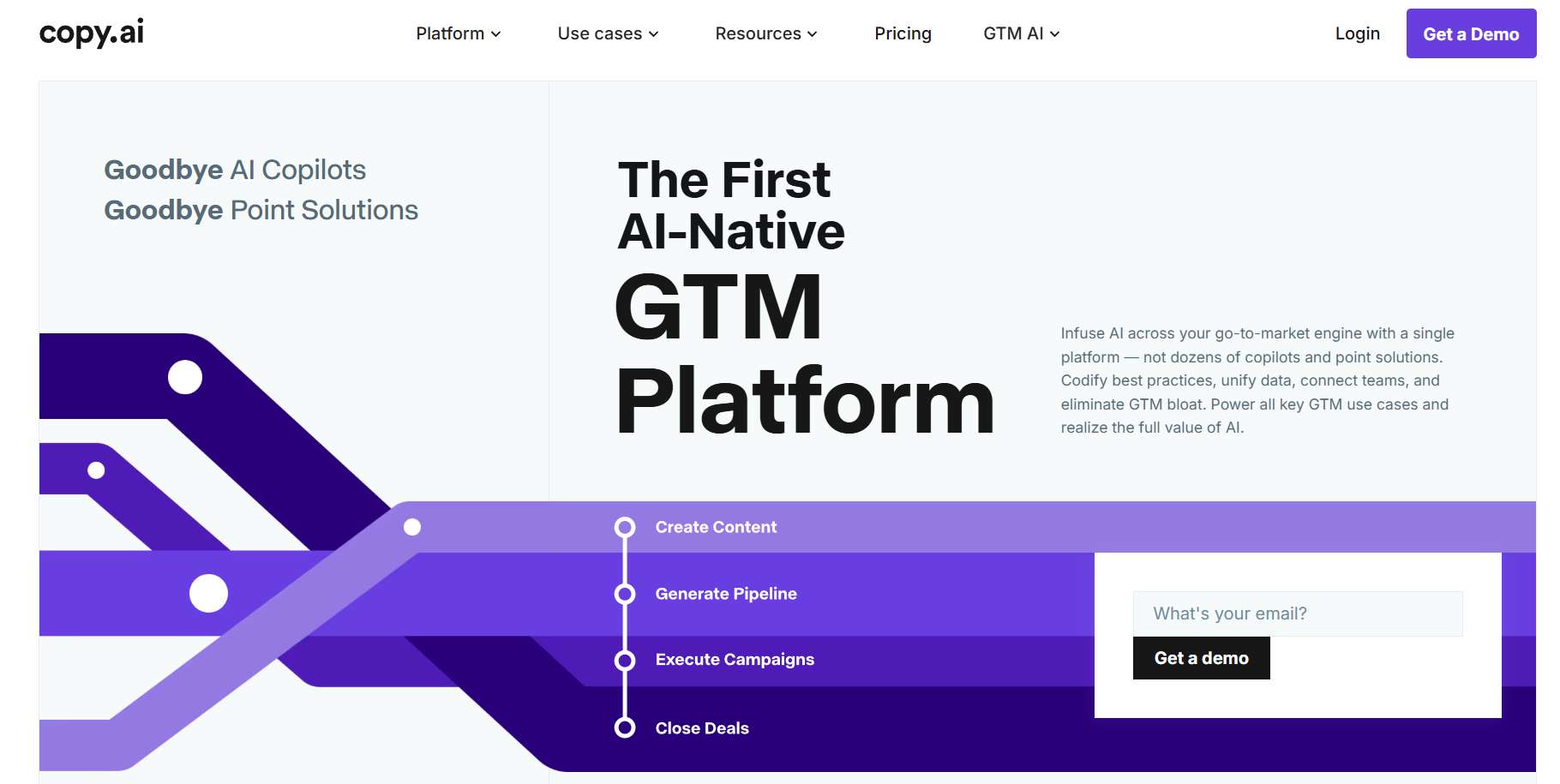 Copy.ai homepage with headline The First AI-Native GTM Platform