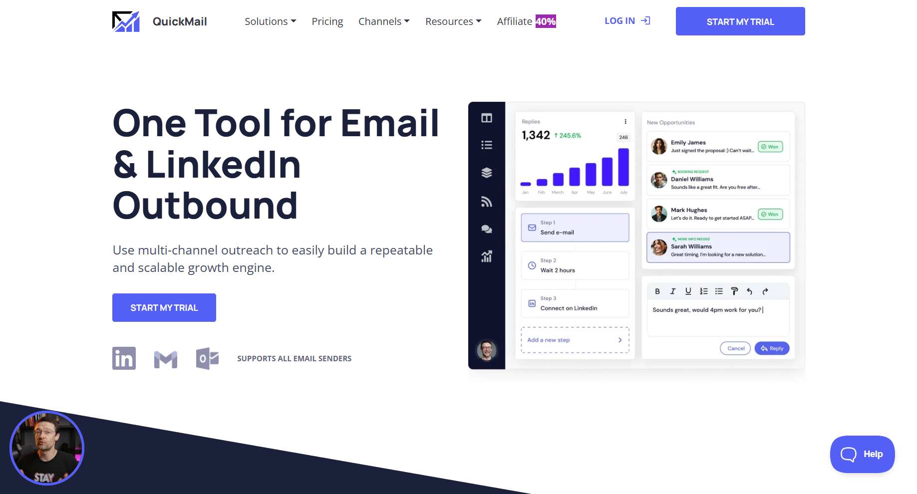 Dashboard with chart showing replies and new opportunities.