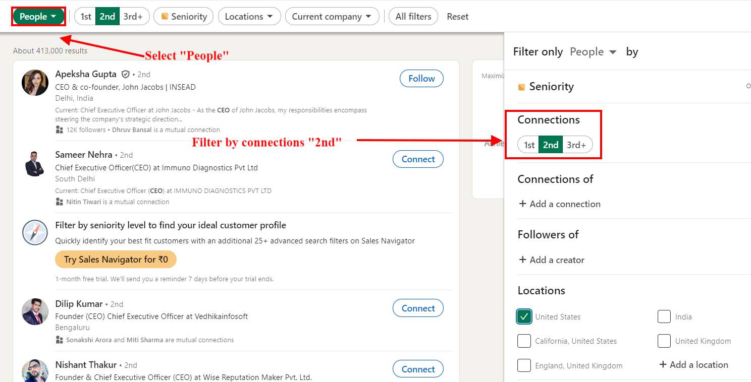 LinkedIn search filter