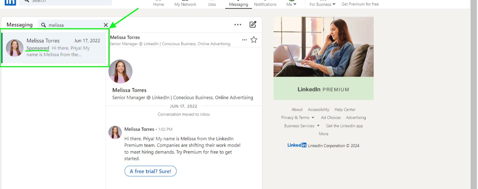 LinkedIn sponsored message example