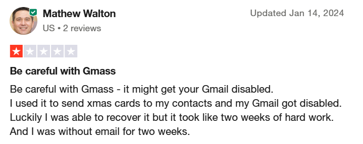 One-star review of GMass with a warning about Gmail being disabled