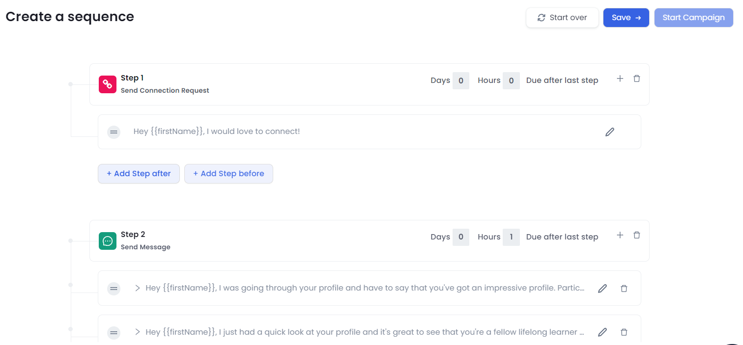SalesRobot sequence creation interface