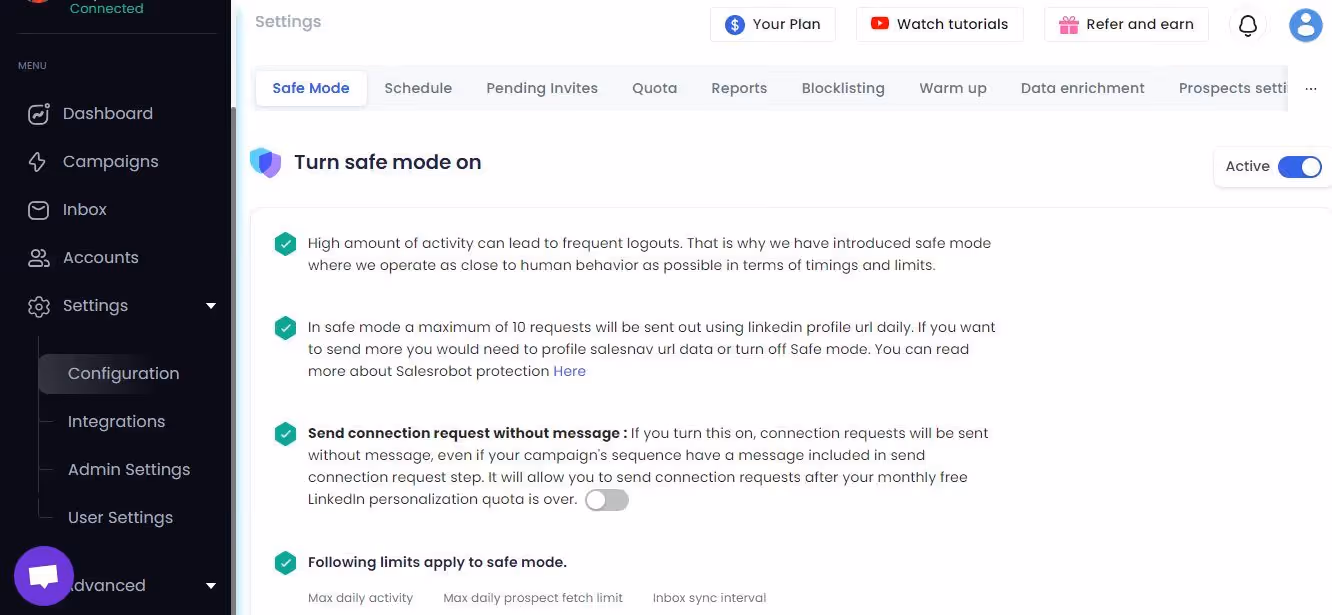 Safe mode in SalesRobot
