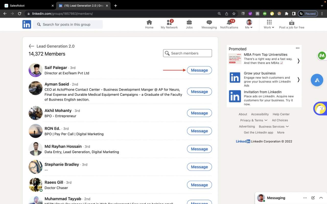 Message option to message all group members in a group