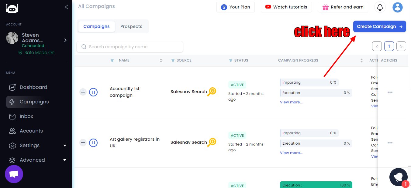 Create campaign option on the campaigns page in SalesRobot