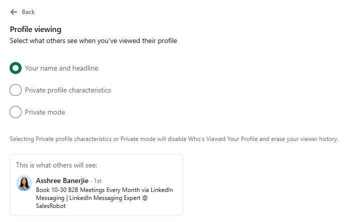 Profile viewing set to Public on LinkedIn