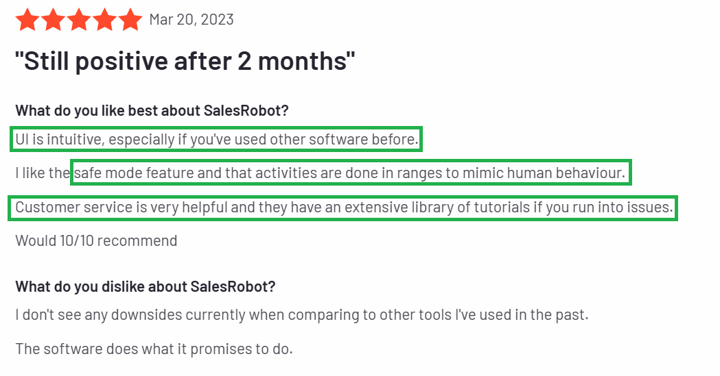 positive review of Salesrobot customer support
