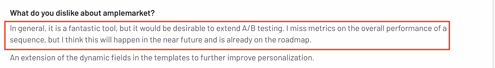 Customer review of AmpleMarket A/B testing