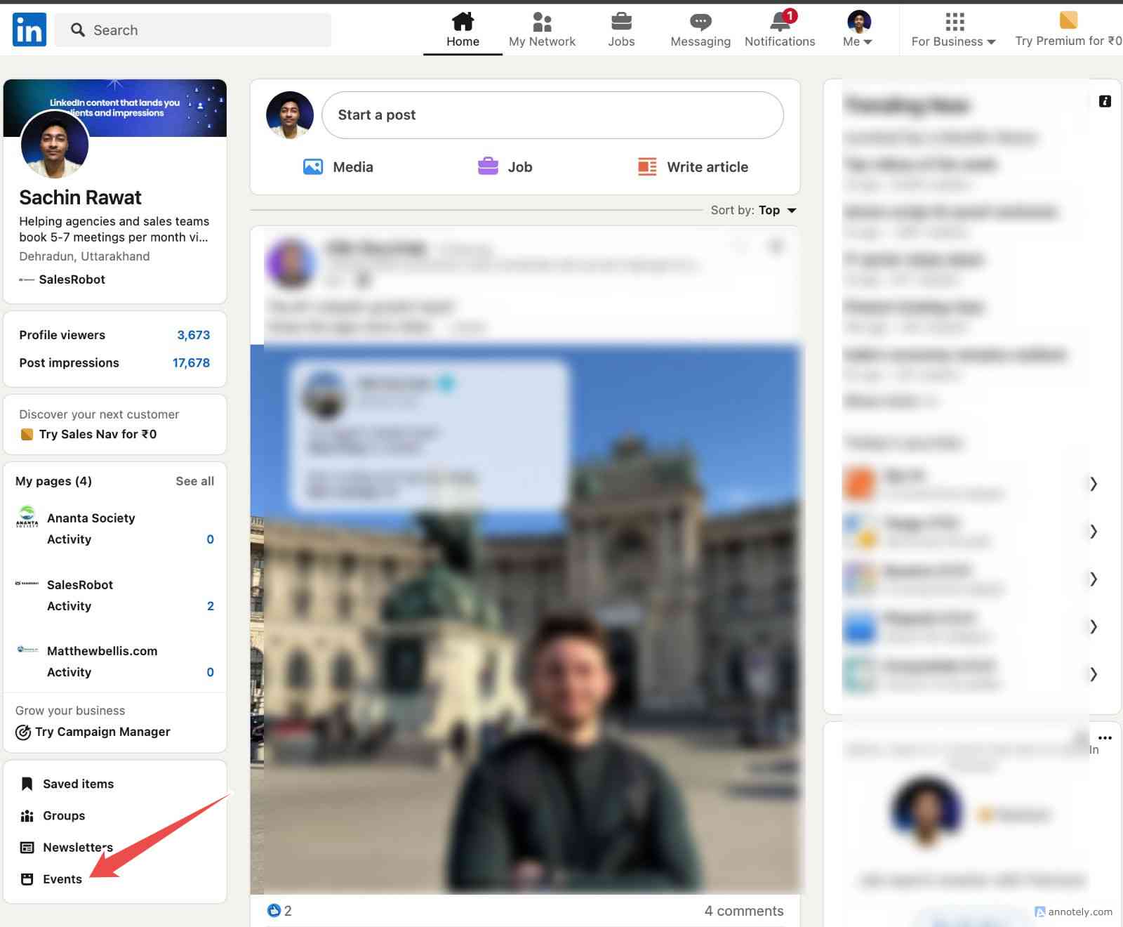 LinkedIn homepage with events highlighted in the left menu.