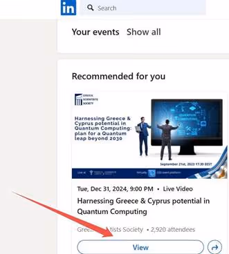 LinkedIn event recommendation with a 'View' button.