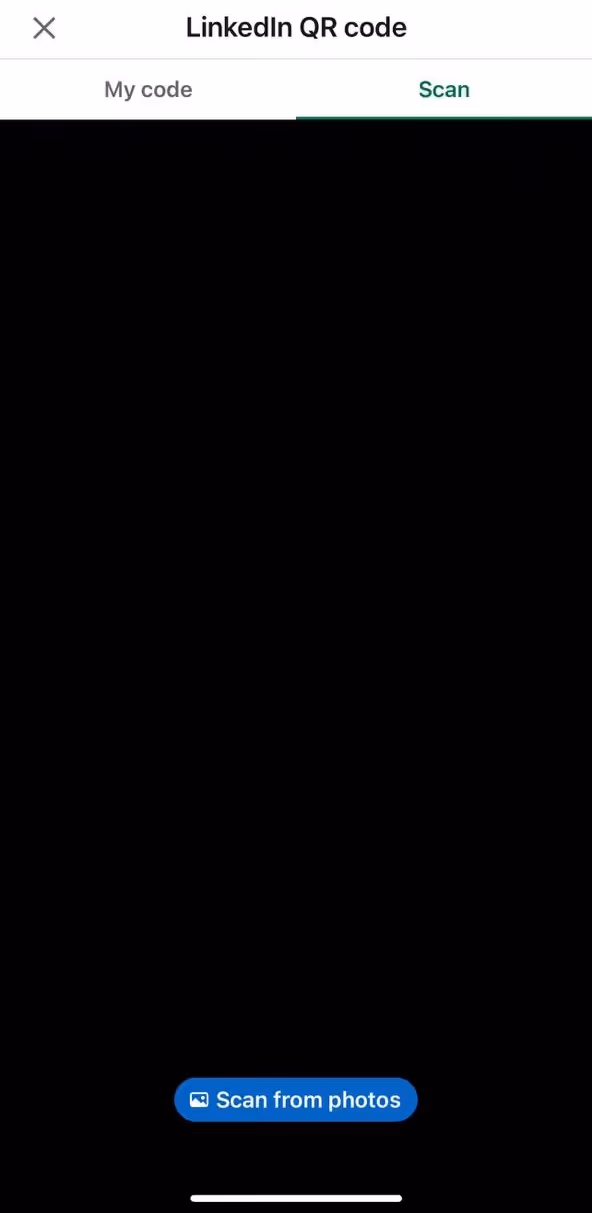 LinkedIn QR code scan tab on iOS.
