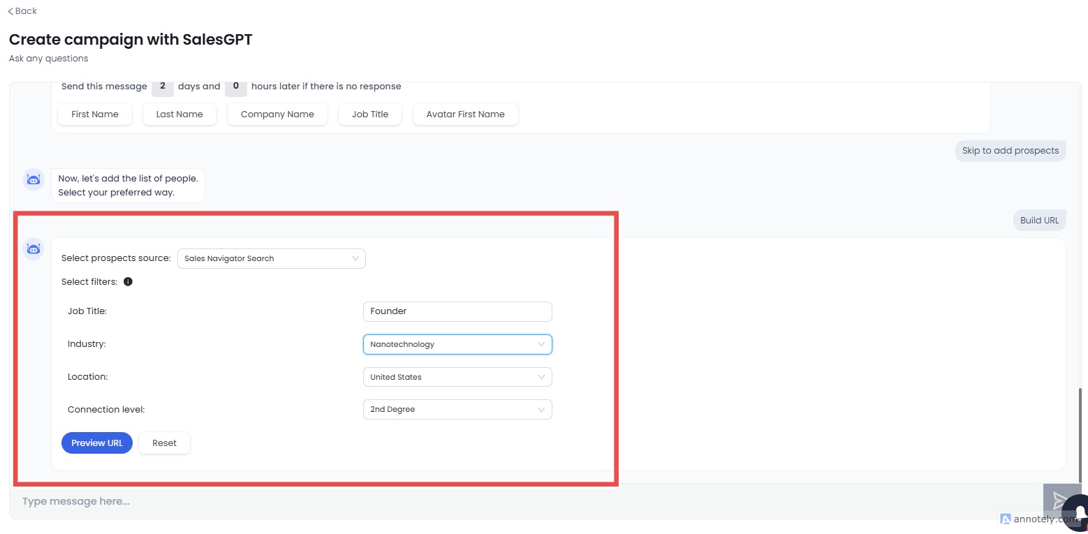 SalesRobot campaign creation using SalesGPT, filter selection.