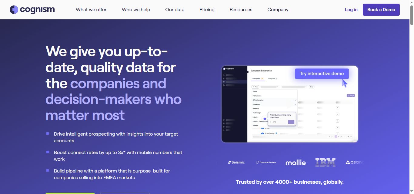 [Image: Cognism homepage with headline We give you up-to-date, quality data for the companies and decision-makers who matter most.