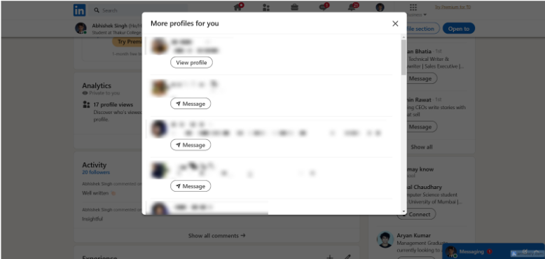 A LinkedIn page screenshot with a pop-up window titled "More profiles for you"