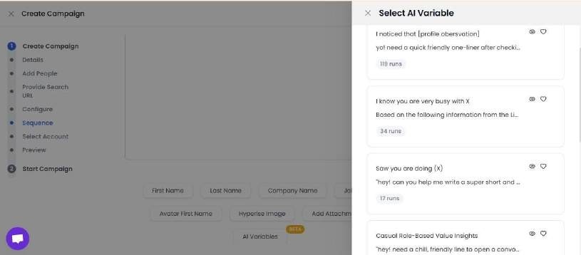 Smartwriter.ai sequence configuration screen with AI variable suggestions