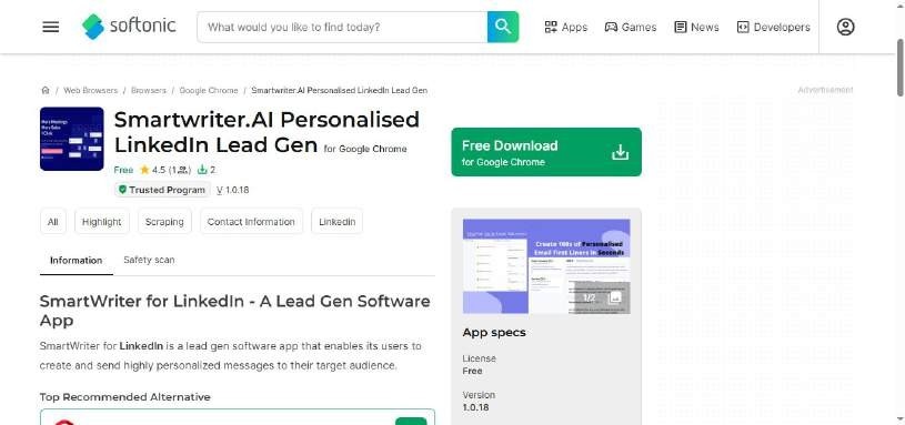 Screenshot of Smartwriter.ai LinkedIn lead generation tool on Softonic