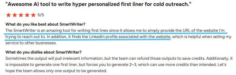 A customer review praising Smartwriter as "Awesome AI tool to write hyper personalized first liner for cold outreach."