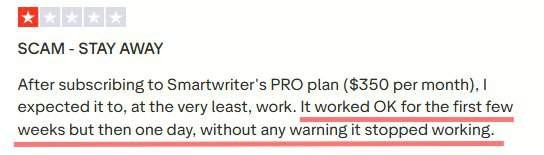 A negative customer review calling Smartwriter a "SCAM - STAY AWAY" and stating it stopped working after a few weeks.