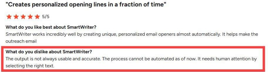 A customer review stating "Creates personalized opening lines in a fraction of time" but noting the output is not always usable or accurate.