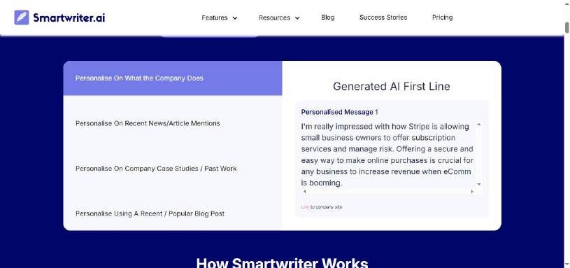 Smartwriter.ai interface showing options to "Personalise On What the Company Does" and a "Generated AI First Line" example