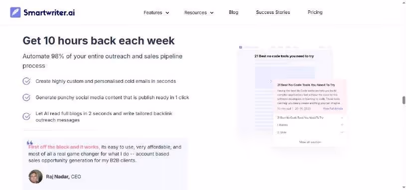 Smartwriter.ai homepage with headline "Get 10 hours back each week" and listing benefits like creating cold emails and social media content.