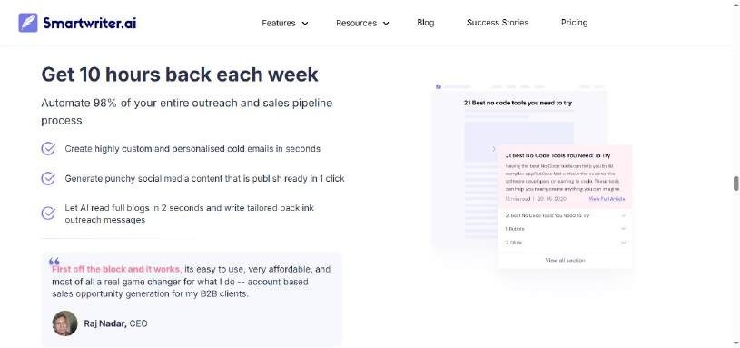 Smartwriter.ai homepage with headline "Get 10 hours back each week" and listing benefits like creating cold emails and social media content.