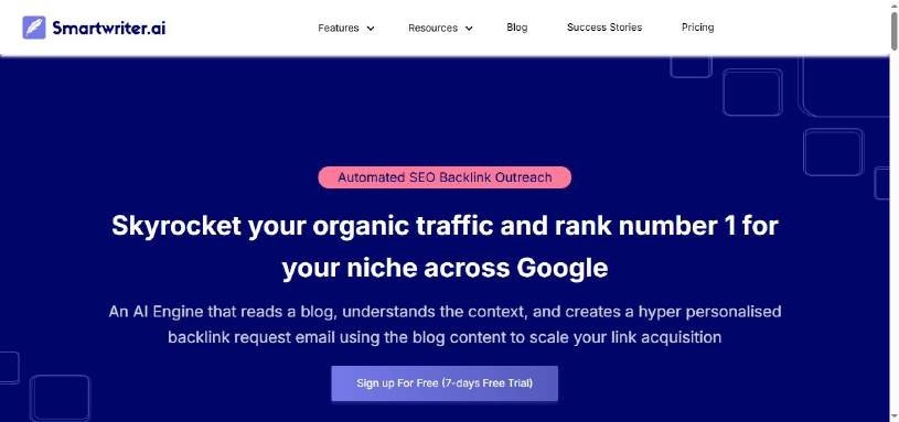 Smartwriter.ai section on "Automated SEO Backlink Outreach" with the headline "Skyrocket your organic traffic and rank number 1 for your niche across Google