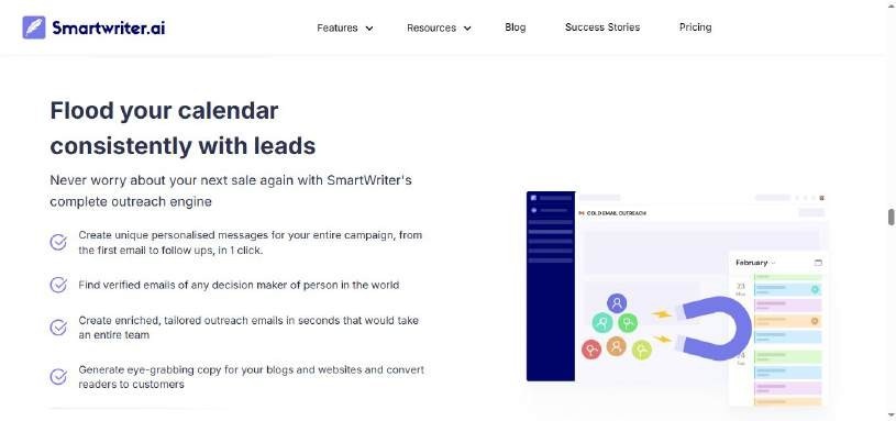 Smartwriter.ai homepage section "Flood your calendar consistently with leads" showing a visual metaphor of a magnet attracting people icons