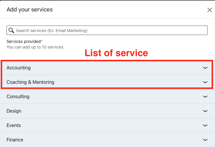 Screenshot of a LinkedIn service page