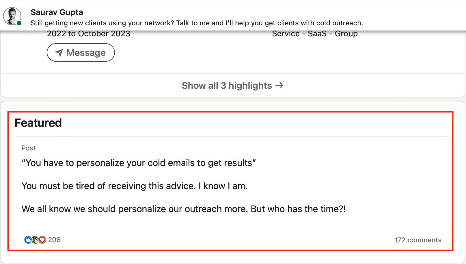 LinkedIn Profile Highlighting Featured Posts.