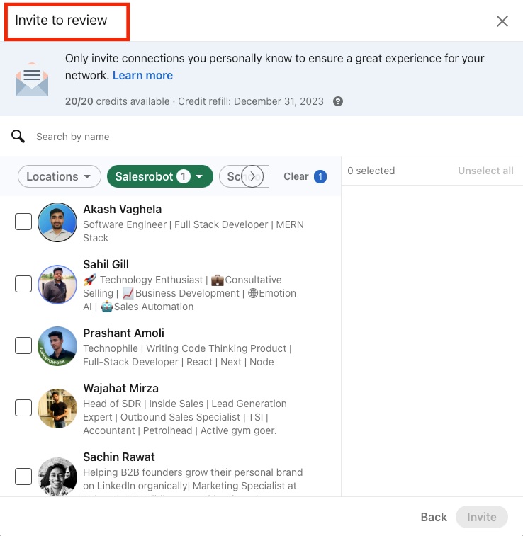 Request reviews on LinkedIn service page