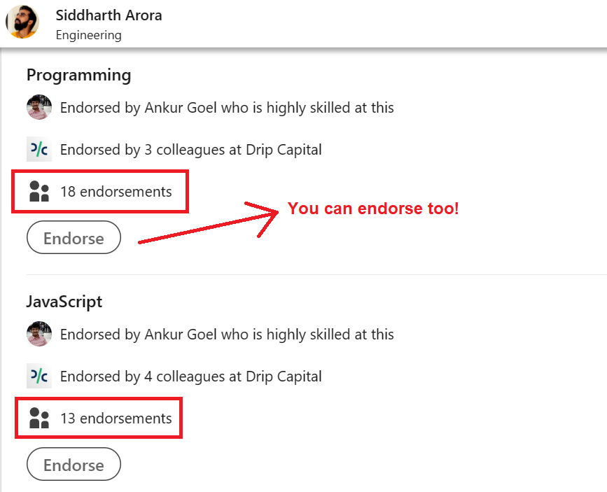 LinkedIn Profile Displaying Received Endorsements for Skills.