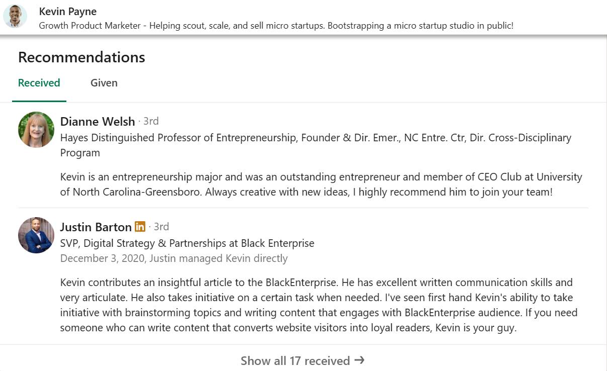 Example of LinkedIn recommendations