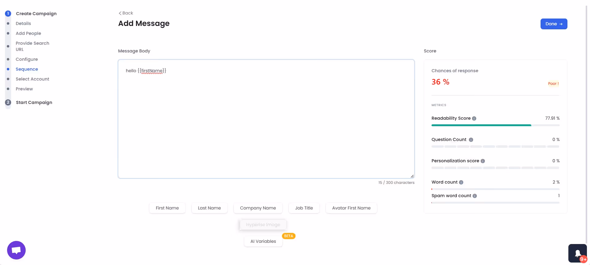 Screenshot of an 'Add Message' screen with a message body field containing 'hello {{firstName}}' and a sidebar displaying message metrics.